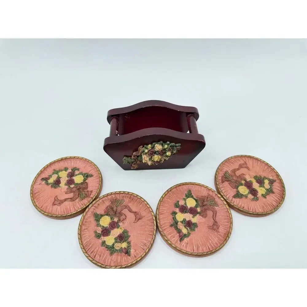 Chinese Stone Floral Rose Drink Coasters with Wooden Holder Burgundy Pink